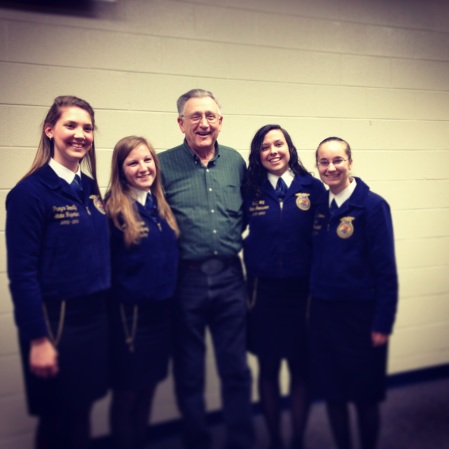 The State Officer Ladies with former National FFA Advisor, Dr. Larry Case, who happened to drop in and say hello during their FFA week tour!